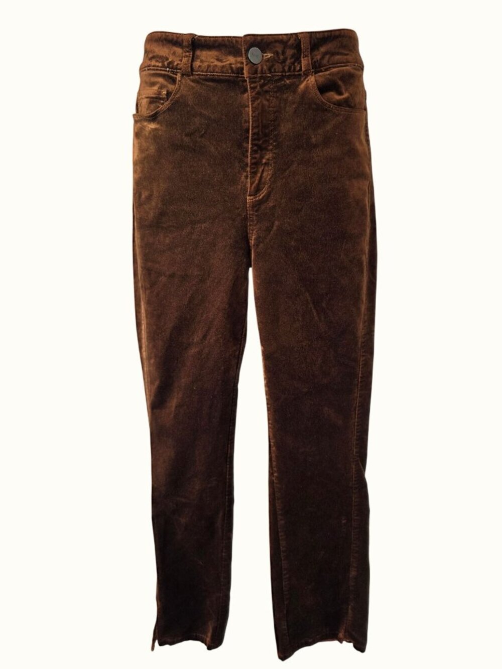PAIGE Chicory Coffee Velvet Slim Straight Pants Womens Sz 28 Slit Hem Stretch